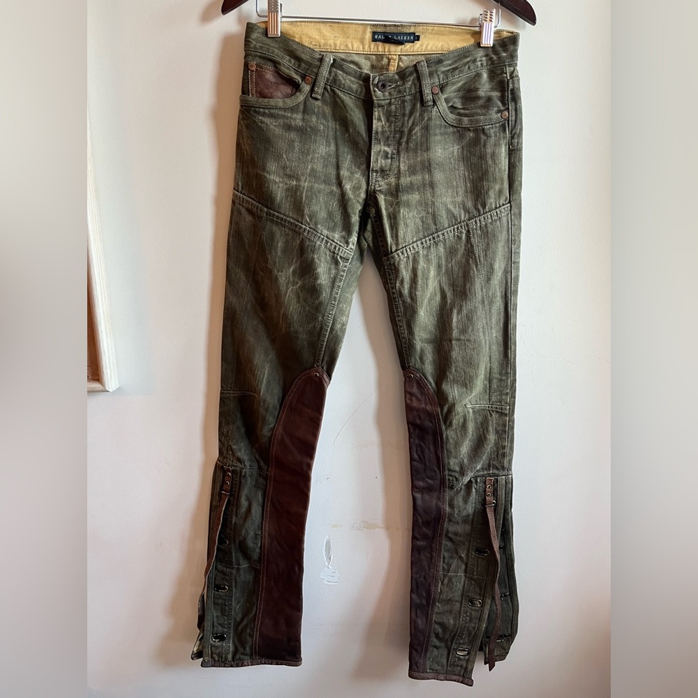 VTG Ralph Lauren Blue Label Pants Equestrian Leather Denim Jean 650 Thompson 27